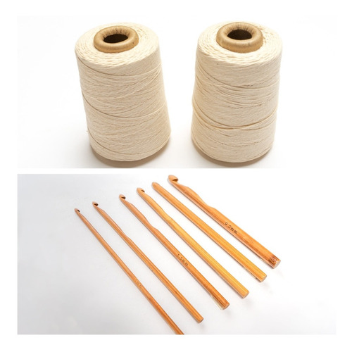 Kit Crochet 6 Agujas Madera Bambú + 2 Hilo Algodón 1,5mm