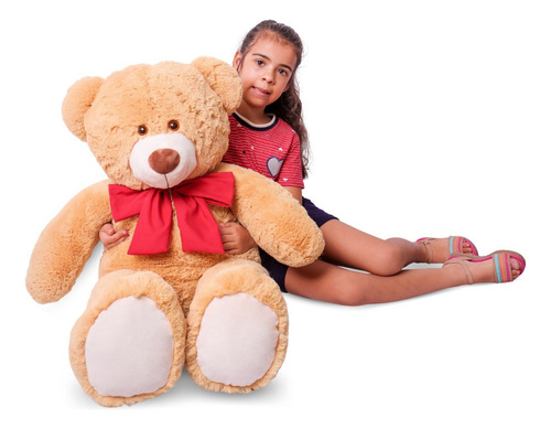 Urso De Pelúcia Gigante Com Laço Antialérgico 1 Metro Cor Doce De Leite Com Vermelho