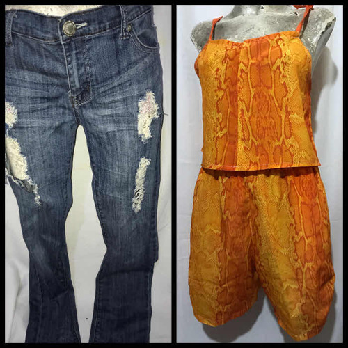 Dúo Jeans Rotos Detalle Do Denim + Blusa Y Short Tipo Print