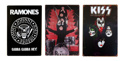 Kit 3 Quadros Decorativos Placa Metal Ramones Beatles Kiss