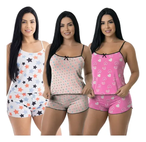 MLB 4167148581 Kit 3 Baby Doll Pijamas Feminino Short Dormir JM