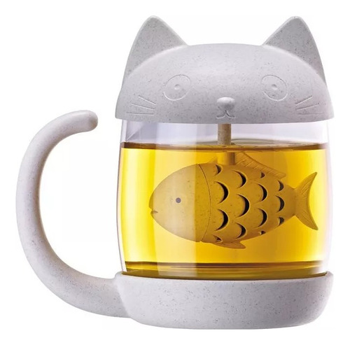 Taza De Vidrio Con Infusor Modelo Cat & Fish Gato Y Pez