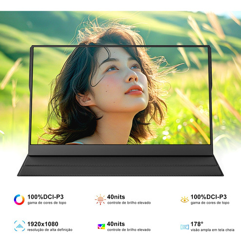 Monitor Portátil 15,6'' Com Capa Couro Fhd Ips Hdmi Usb-c
