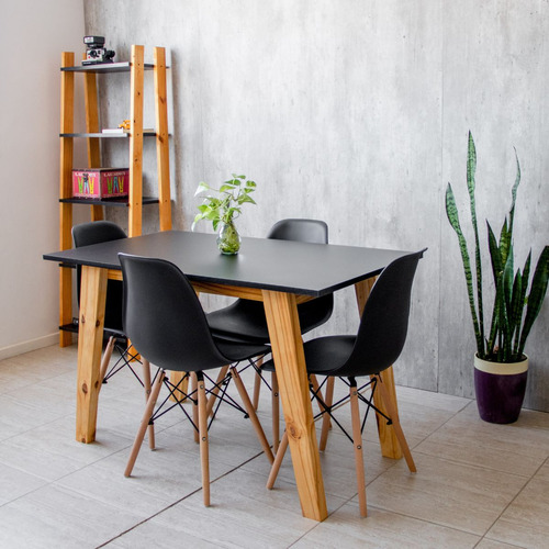 Juego Comedor Nórdico Mesa Escandinava 140 + 4 Sillas Eames Color Negro Diseño De La Tela De Las Sillas Liso