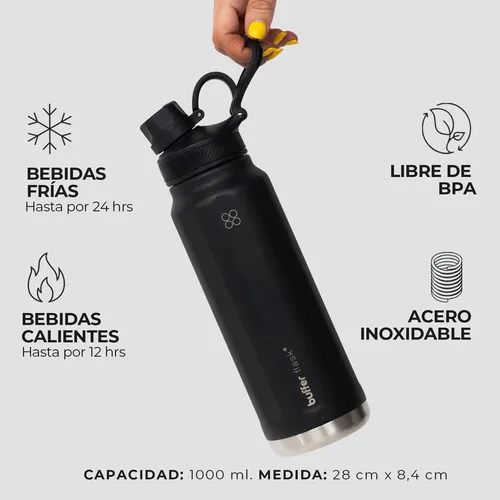 Termo Botella Termica Agua Acero Inoxidable Buffer 1l 3tapas Negro