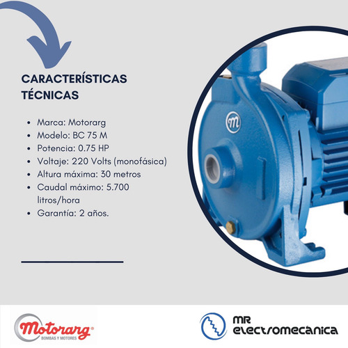 Imagen 3 de 10 de Bomba Centrífuga 3/4 Hp Motorarg / Modelo Bc 75 0.75 Hp