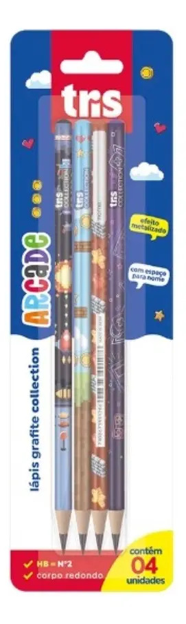 Lápis Grafite Tris Arcade Hb2 Kit 4 Unidades Estudantes e Arte