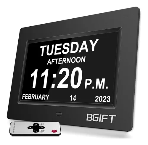 Reloj digital con calendario de día de 8 pulgadas, 12 alarmas, sin  abreviaturas, día y mes, demencia electrónica, Alzheimer, visión con  problemas de