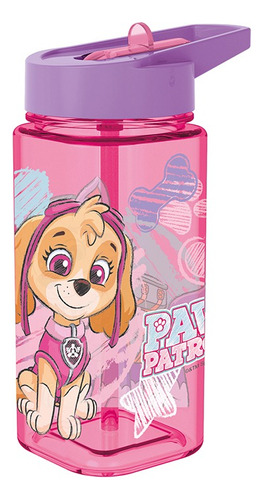 Botella Cuadrada Plástica Con Pajita Paw Patrol 530 Ml Color Rosa