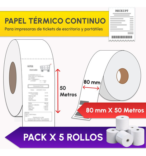 Pack X 5 Rollos Papel Termico Continuo 80x50 Ticket Fiscal 