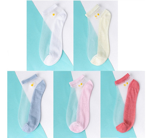 Calcetines Transparentes Florecitas De Colores 5 Pares
