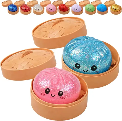 Squishy Gigante De Dumpling Con Purpurina – Juguete Anti-Estrés De 10 Cm, Suave Y Elástico, Viene Con Soporte De Vaporera, Ideal Para Relajarse Y Decorar