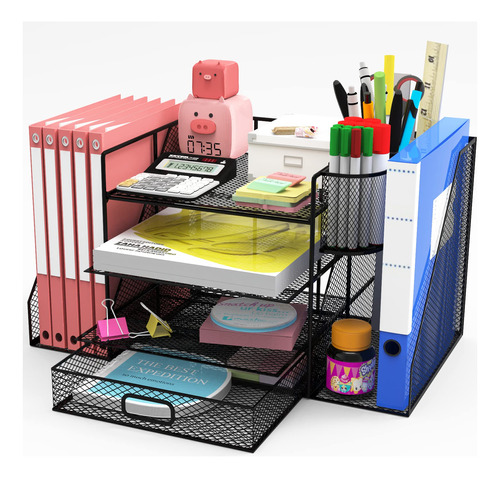 Navmen Desk Organizer With File Holder,4 Tier Metal Mesh Des