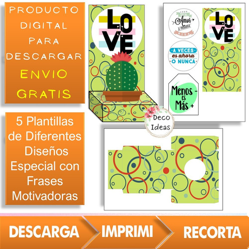 Imagen 4 de 4 de Kit 002 Imprimible Portamaceta Cactus Con Frase Positiva Tag