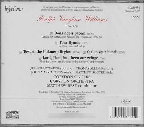 Cd Vaughan Williams Dona Nobis Pacem Matthew Best