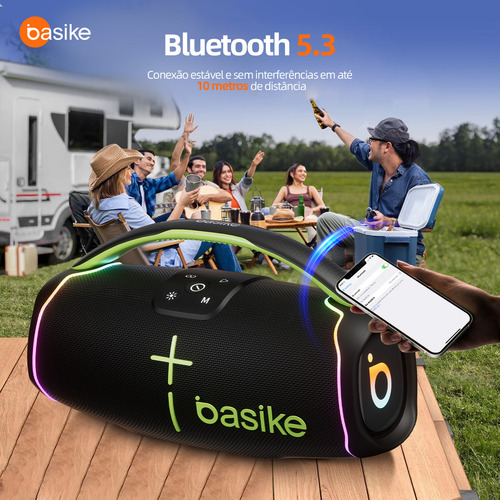 Caixa de Som Portátil Bluetooth, Subwoofer Ativo, Estéreo Hifi, Bombox, com Rgb, Tws 1+1, Bateria 6 Horas, Bluetooth 5.3, Ipx6, Powerbank para Telefones Celulares, Cor Preto