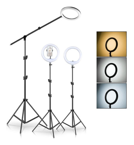 Kit Iluminação Led 3x Ring Light 12 Usb 20w, Braço Extensor,