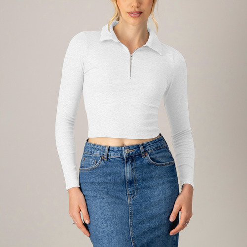 Blusa Corta Manga Larga Cremallera Mujer Cuello V Ajustada
