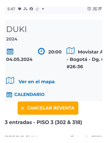 Vendo 3 Boletas Para El Concierto De Duki 