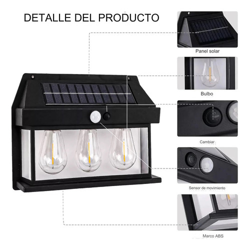 Aplique Lampara Solar Impermeable Con Sensor Vintage 3led