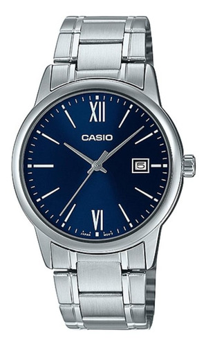 Reloj de pulsera Casio Enticer MTP-V002 de cuerpo color gris, analógico, para hombre, fondo azul, con correa de acero inoxidable color gris, agujas color gris oscuro, dial gris, minutero/segundero gris, bisel color gris y desplegable