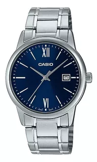 Reloj de pulsera Casio Enticer MTP-V002 de cuerpo color gris, analógico, para hombre, fondo azul, con correa de acero inoxidable color gris, agujas color gris oscuro, dial gris, minutero/segundero gri