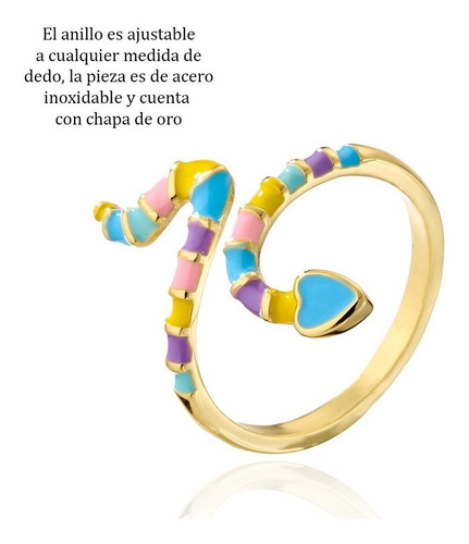 Imagen 4 de 5 de Anillo Serpiente Acero Chapa Oro Ajustable Esmaltado 1273