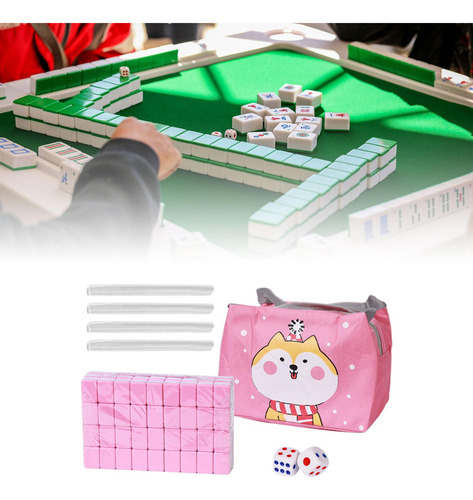 Juego De Mahjong De Viaje Portátil Con Regla, 2 Dados, Rosa