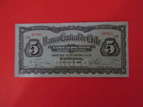  Billete Chile 5 Pesos Firmado Figueroa-burr Año 1930 Escaso