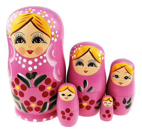 5 Pcs Chica Rubia Con Flores Rosa Matryoshka Babushka Muñeca