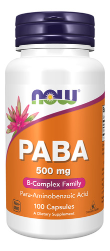 Suplemento en cápsula NOW  PABA ácido paraaminobenzoico en pote 100 un