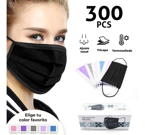 Cubrebocas Negro 300 Pz Tapabocas Color Tricapa Termosellado