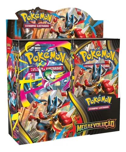 Box de Boosters Pokémon TCG Megaevolução com 4 pacotes em destaque, exibindo arte com os Pokémon Lucario e Gardevoir.