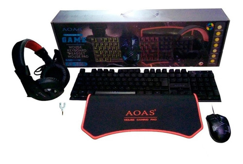 Kit Teclado Mouse Usb Audifono Padmouse Aoas-1066 Gamer Led