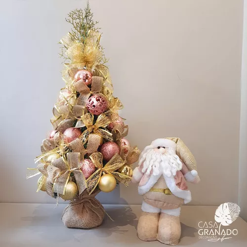 Kit Árvore Natal Rosa Dourado Vai Montada 70cm + Papai Noel