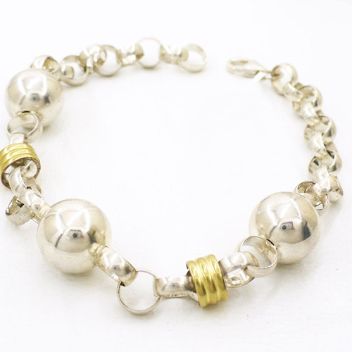 Pulseras Mujer Plata 925 Y Oro Rolo Con Bolitas- Regalo Mamá