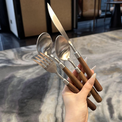 Juego De Cubiertos De Madera Y Acero Inoxidable 4 Piezas