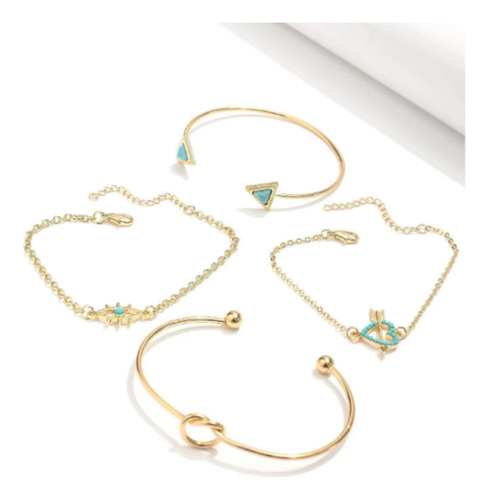 4 Pulseras Con Corazón De Strass Y Triángulos De Shein Dorado 7 Cm