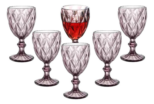 Juego 6 Copas Vino Agua Cristal Labrado Vidrio Rojo Vintage