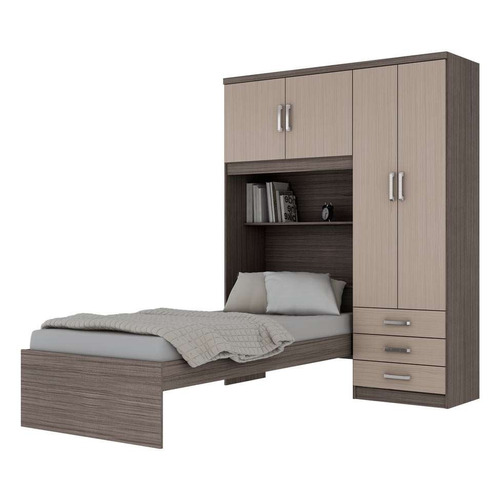 Guarda-roupa E Cama Solteiro Cravo 4pt 3gv Gris E Palha