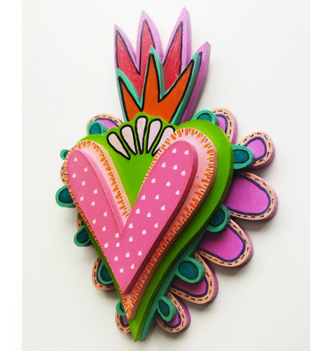 Corazón Mexicano Multicapa Pintado A Mano. 11 X 17 X 3 Cms.
