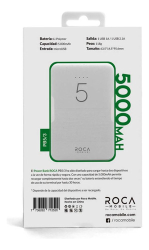 Power Bank Roca Mobile 5000 Mah 2.1 A 