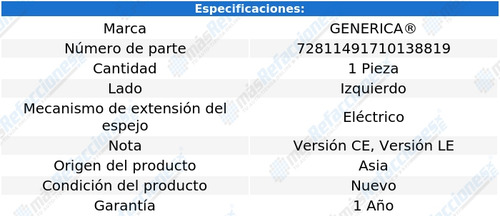 Espejo Izquierdo Elect Corolla De 2003 A 2008 Genérica