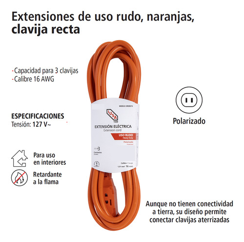 Multicontacto de 3 tomas Iusa 619353color naranja largo del cable de 15m 127V