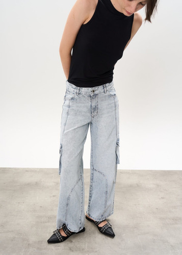 Pantalón Wide Leg Cargo De Jean Rígido Tiro Medio- Scott