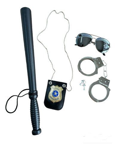Kit Policial Algema-cassetete-óculos-distintivo 4 Pçs Festa