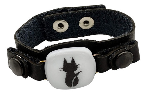 Pulsera Gato Cuero Y Vidrio Pintado A Mano Color Negro Diámetro 7 Cm Largo 19 Cm