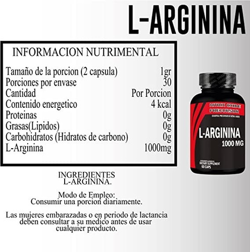 Imagen 2 de 4 de L-arginina | Premium | 1000mg| Muscle Goodnes | 60caps | No²