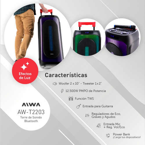 Parlante Torre Bluetooth Carry On 12500w Aiwa 2203
