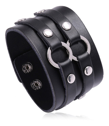 Pulseira Couro Preto Depp Rock Bracelete Moto Country Largo